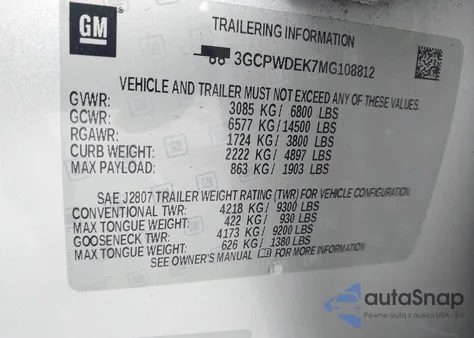 2021 Chevrolet Silverado 1500 2Wd Short Bed Rst z USA, uszkodzony, nr VIN 3GCPWDEK7MG108812